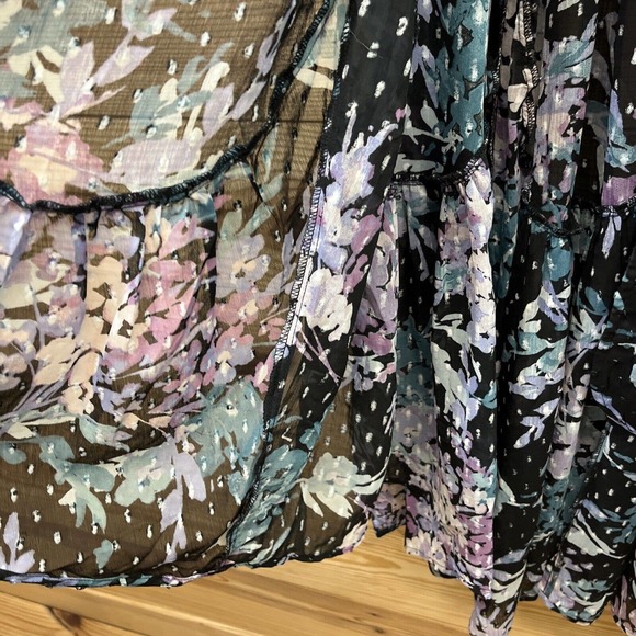 Torrid 1 Ruffle Kimono Shirt Floral Swiss Dot Black Purple SS Sheer boho B84 - Picture 10 of 16